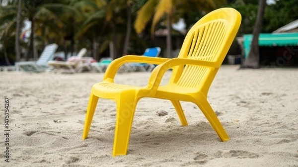 Obraz Bright Yellow Plastic Chair on Sandy Beach with Palm Trees in Background Perfect for Summer Relaxation and Leisure Activities During Vacation Time