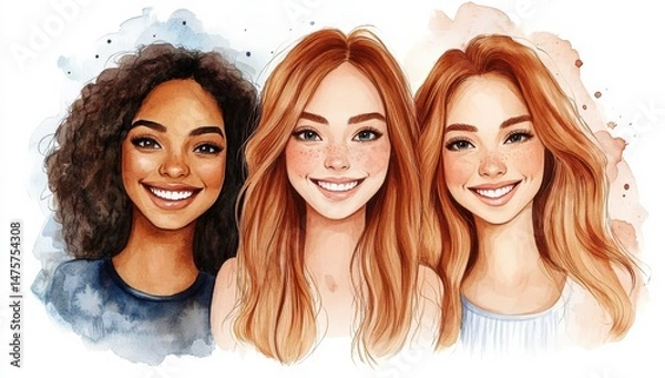 Obraz Cheerful Group of Three Multi-Ethnic Women Smiling Together in Artistic Style with Watercolor Background for Celebration and Friendship Illustrations