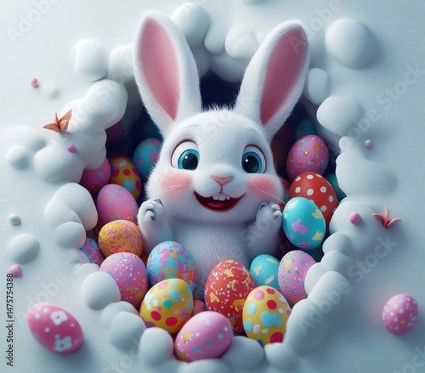 Obraz Cute cartoon bunny with big ears joyfully surrounded by colorful decorated Easter eggs peeking from a fluffy cloud hole against a pastel background