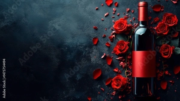 Obraz Elegant Composition of Red Wine Bottles Surrounded by Red Roses and Petals on Dark Textured Background for Romantic Celebrations or Special Occasions