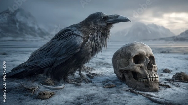 Obraz Dark Fantasy Scene with Raven and Skull on Frozen Ground Surrounded by Snowy Mountains Under Dramatic Sky with Mystery and Intrigue