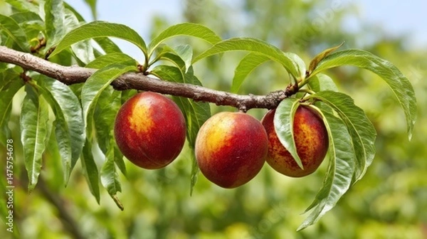 Obraz Fresh and Juicy Peaches Hanging from a Branch Surrounded by Lush Green Leaves in a Sunny Orchard, Perfect for Summer Fruit Themes