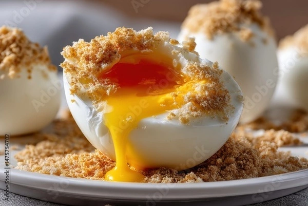 Obraz Creamy Soft Boiled Egg with Gooey Yolk Surrounded by Crushed Breadcrumbs on a White Plate in a Cozy Kitchen Setting