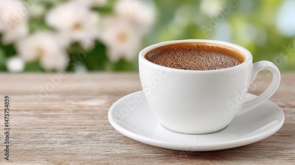 Obraz Freshly Brewed Coffee in White Cup on Wooden Table Against Soft Blurred Background of Nature with Delicate Flowers and Green Leaves