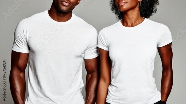 Obraz A confident couple wearing plain white shirts posing against a neutral background, showcasing their stylish appearance and contemporary fashion sense in a studio setting.