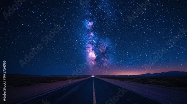 Obraz Stunning Night Sky View Over Empty Road with Bright Stars and Milky Way Galaxy in Dark Blue Background and Subtle Horizon Glow