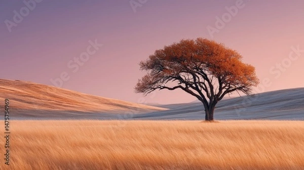 Fototapeta Serene Sunset Landscape Featuring a Lone Tree with Autumn Leaves Against a Softly Colored Gradient Sky and Rolling Hills in the Background