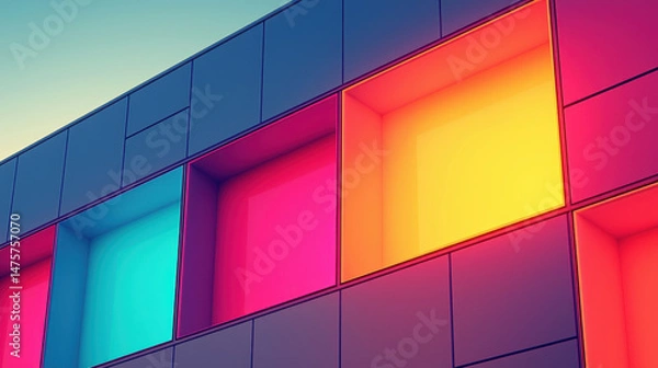 Fototapeta A modern building facade displays vibrant geometric patterns of colorful squares, creating a captivating and artistic architectural design with abstract appeal.