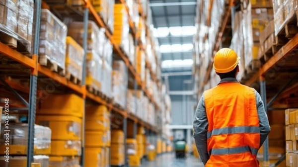 Obraz Worker in Warehouse Using Proper Lifting Techniques for Safety