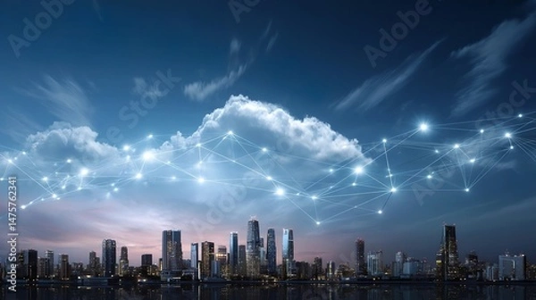 Fototapeta Modern IoT ecosystem linking smart devices, sensors, and cloud hubs over a business cityscape,