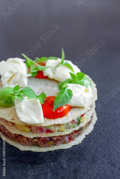 Obraz Delicious tartare layered with crispy bread, mozzarella, and herbs