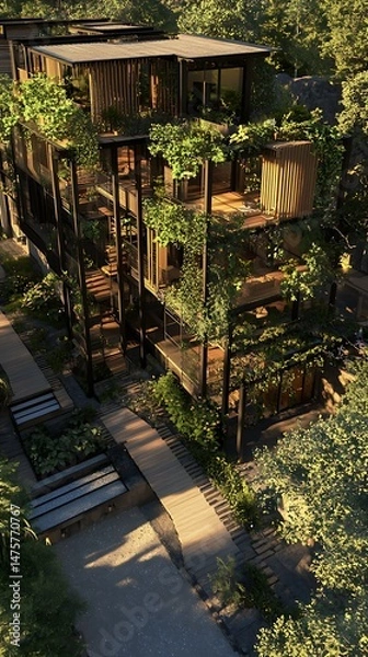 Fototapeta Modern architectural structure with greenery environment integration