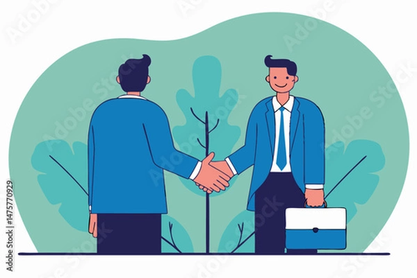 Obraz Two businessmen in suits are shaking hands, one facing forward with a briefcase and a smile, against a backdrop of abstract foliage, symbolizing a successful deal, partnership, or agreement.