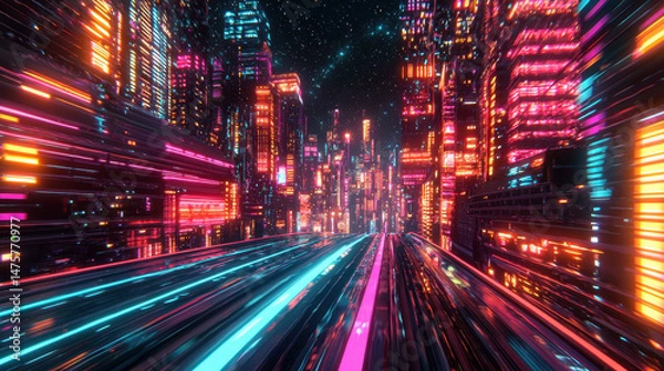 Fototapeta Dynamic swirling motion of colorful LED lights illuminates a futuristic cityscape at night, creating a vibrant, electrifying atmosphere under the starry sky.