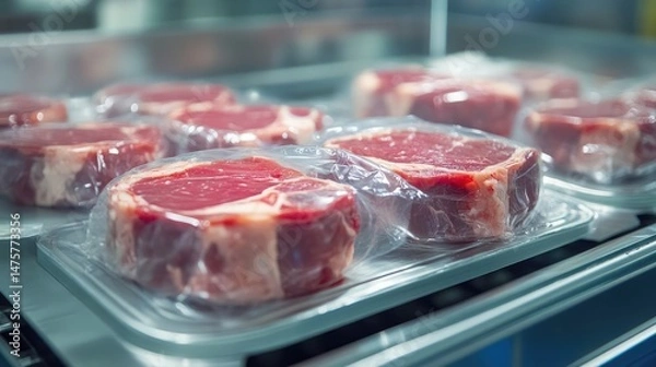 Obraz Meat tray with transparent film tightly sealed using modified atmosphere packaging