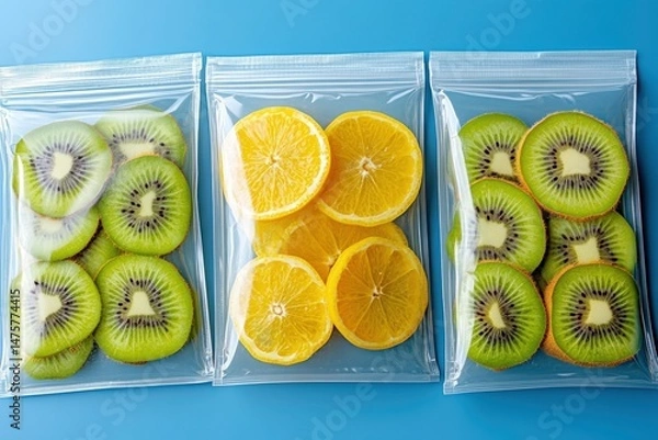 Obraz Freshly sliced kiwi and lemon fruits displayed in clear ziplock bags on a blue background, ideal for healthy eating and cooking inspirations.