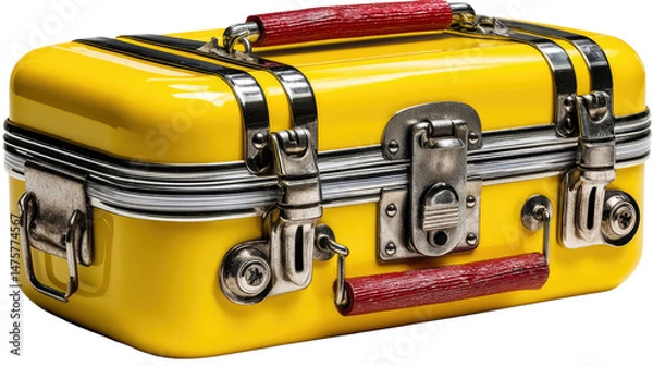 Fototapeta Vintage Travel Case: This vibrant image showcases a retro yellow travel case, complete with classic metallic hardware, a testament to enduring travel style and design.