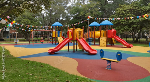 Fototapeta Festive playground with slides swings