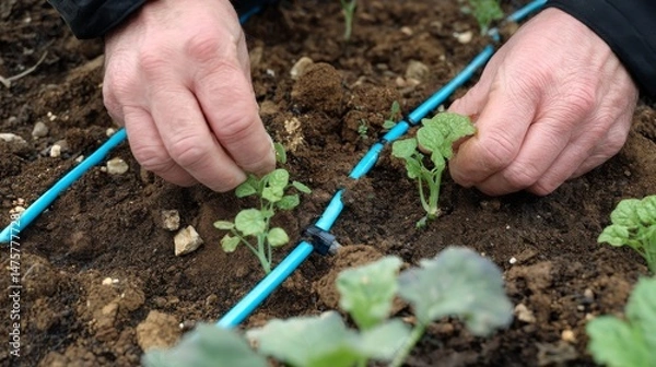 Obraz Hands Planting Young Seedlings in a Garden Bed with Drip Irrigation System for Optimal Growth and Water Efficiency