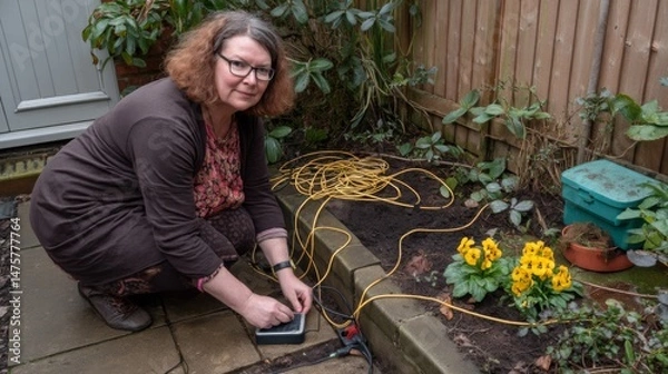 Obraz Woman Working with Electric Device in Garden with Flowers and Extension Cords on Paved Pathway