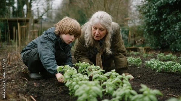 Obraz Grandmother and Grandson Planting Fresh Herbs Together in a Lush Garden Setting on a Calm Day in Late Spring