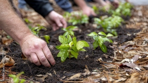 Obraz Community Volunteers Planting Young Saplings in Soil to Promote Environmental Sustainability and Green Spaces in Urban Areas
