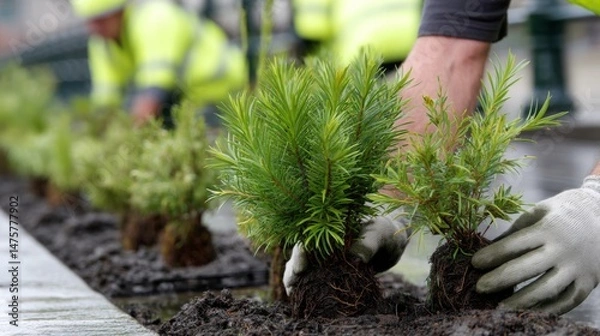 Obraz Environmental Conservation Efforts with Workers Planting Green Seedlings in Urban Area for Sustainable Development and Greener Future