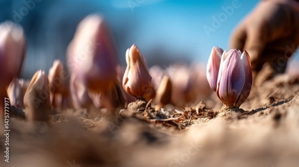 Obraz Close-Up of Delicate Pink Tulips Emerging from Earth in Springtime Garden with Blurred Background and Clear Blue Sky Above