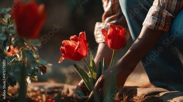 Obraz Close-up of person planting vibrant red tulips in a garden during golden hour, showcasing the beauty of nature and gardening joy