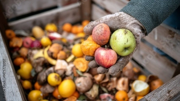 Obraz Hand Holding Fresh Apples and Oranges Over a Crate of Mixed Fruits and Decomposing Produce in a Rustic Setting