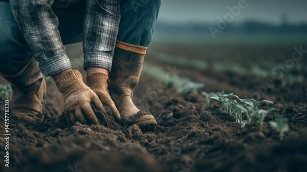 Obraz Farmer Working Soil in a Field, Preparing Ground for Planting with Hands Close to Young Plants in the Afternoon Light