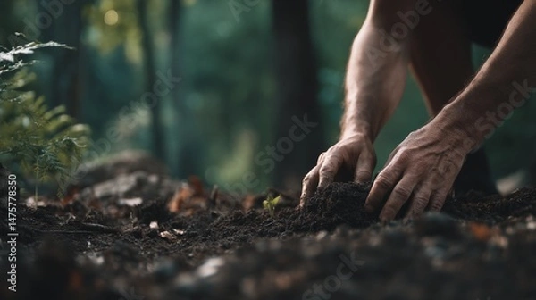 Obraz Hands Working Soil in Forest Setting for Sustainable Agriculture and Gardening Practice