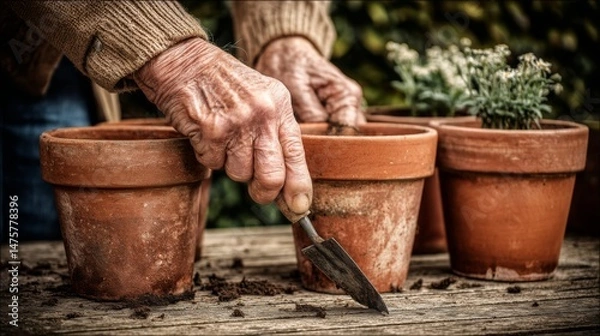Obraz Person Using Trowel to Plant Flowers in Terracotta Pots on Rustic Table Outdoors in Natural Light