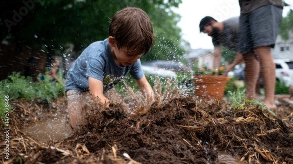 Obraz Child Playing in Mud During Rainy Day, Joyful Experience in Backyard, Water Splashing, Family Fun Outdoors