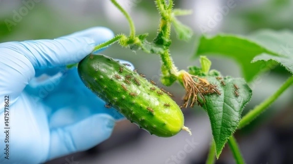 Obraz Close-up of Hand in Blue Glove Holding Cucumber Infested with Insects on Plant in Greenhouse Environment