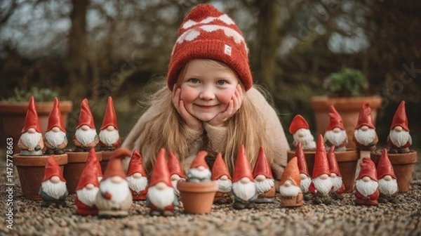 Obraz Charming Young Girl Surrounded by Colorful Garden Gnomes with Red Hats in a Beautiful Outdoor Setting