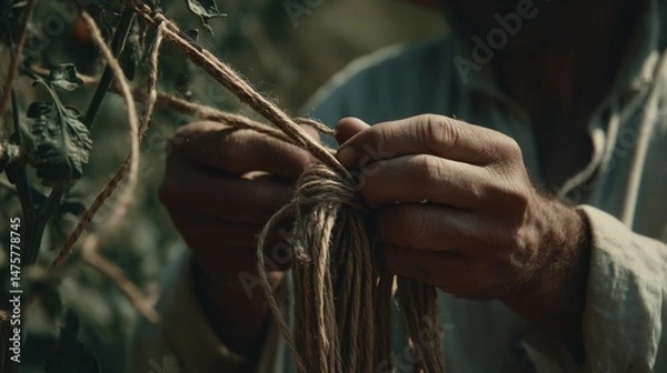 Obraz Hands Tying Twine to Support Growing Plants in a Garden During Sunrise for Sustainable Agriculture Practices and Farm Life