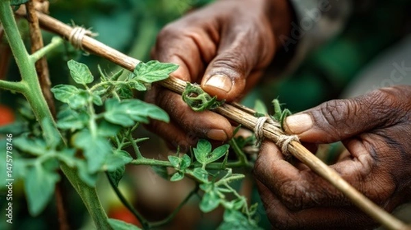 Obraz Hands Tying Tomato Plants to Support Bamboos for Healthy Growth in a Vibrant Garden Setting