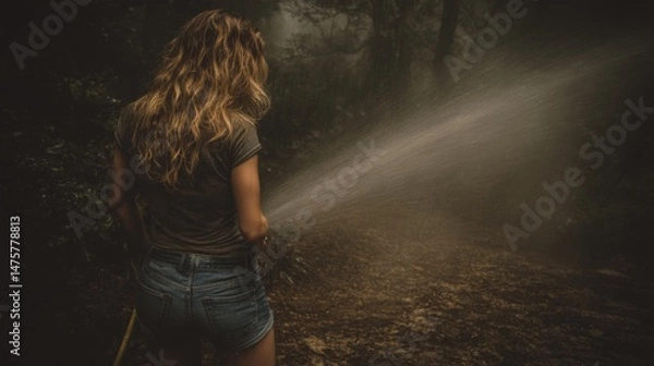 Obraz Young woman watering plants in a misty forest, showcasing a serene connection with nature amidst lush greenery and soft light