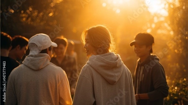 Obraz Group of Friends Gathering Outdoors at Sunset, Enjoying Each Other's Company in a Warm and Cozy Atmosphere