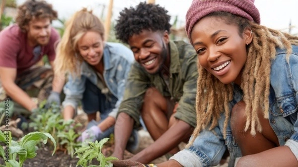 Obraz Diverse group of young friends gardening together in sunny outdoor environment, smiling and enjoying hands-on activity