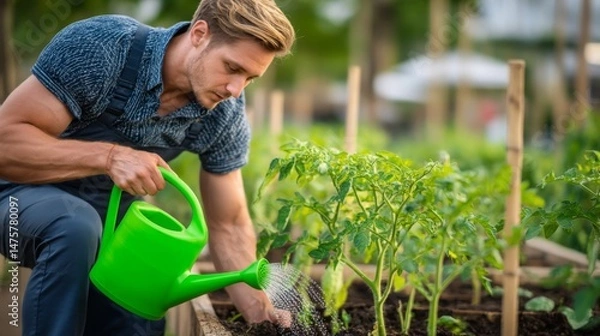 Obraz Young man caring for green plants in garden, watering tomato seedlings with bright green watering can during sunny day