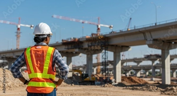Fototapeta Rear view of a woman construction worker in a hard hat and safety vest overlooking a large highway and bridge construction site with cranes.