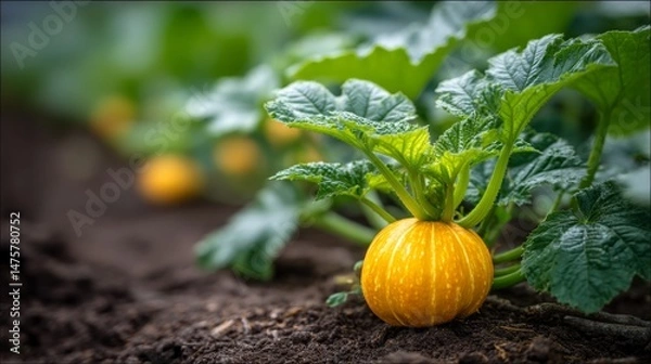 Obraz Bright Orange Pumpkin Growing on a Vine Surrounded by Lush Green Leaves in a Fertile Garden Environment