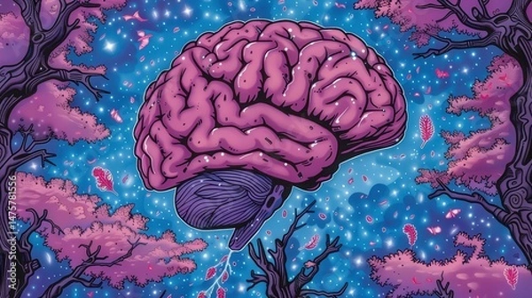 Fototapeta Surreal Visualization of a Brain Surrounded by Colorful Trees and a Starry Sky in Vibrant Shades of Purple, Blue, and Pink