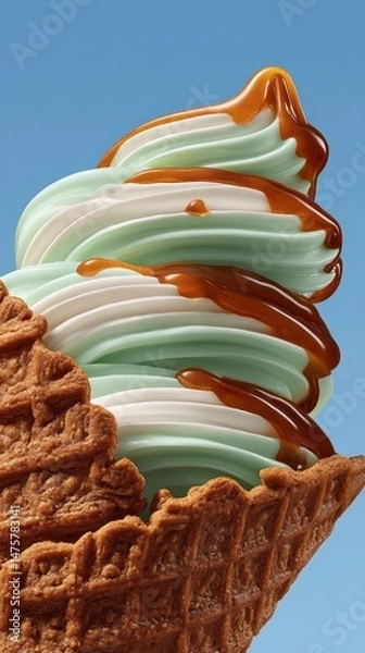 Fototapeta Delicious swirls of mint and vanilla soft serve ice cream drizzled with rich caramel sauce in a crispy waffle cone against a bright blue background