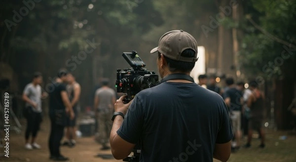 Fototapeta Rear view of a person wearing a cap and t-shirt, holding a professional video camera and filming a scene outdoors with a film crew in the background.