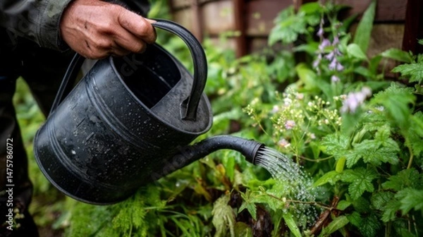 Obraz Person Watering Plants with Black Watering Can in a Lush Garden During Daylight, Nurturing Nature and Growth