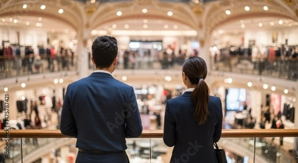 Fototapeta Adult man and woman in business attire looking out over a large, multi-level indoor shopping mall or department store