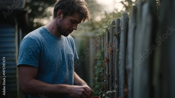 Obraz Young man tending to garden with care in soft evening light, showcasing passion for nature and sustainable living in serene environment
